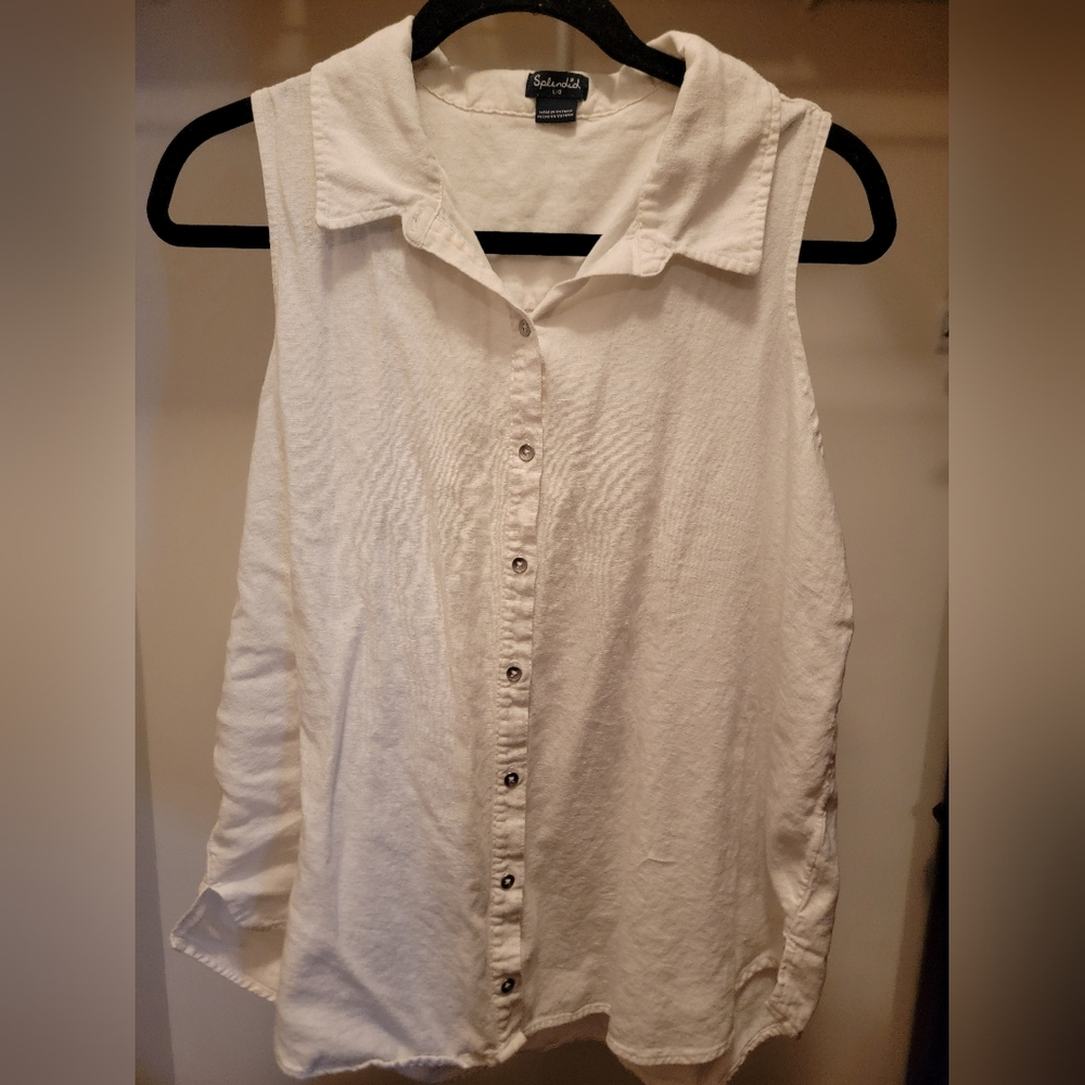 Splendid White Sleeveless Linen Button-Down Shirt - Size LARGE